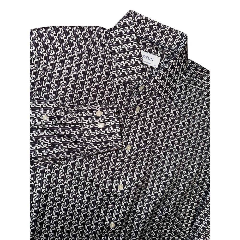 ETON Button Up Shirt 16.5 Blue White‎ Dress 42 Formal All Print Graphic Mens